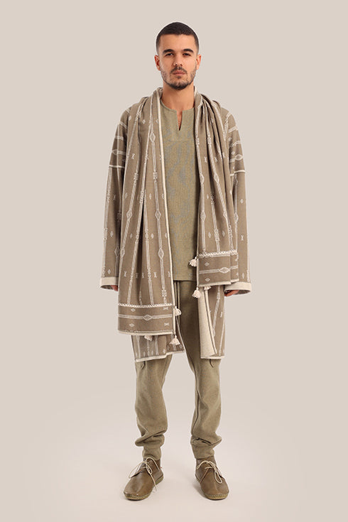 Embroidered striped shawl with tassels